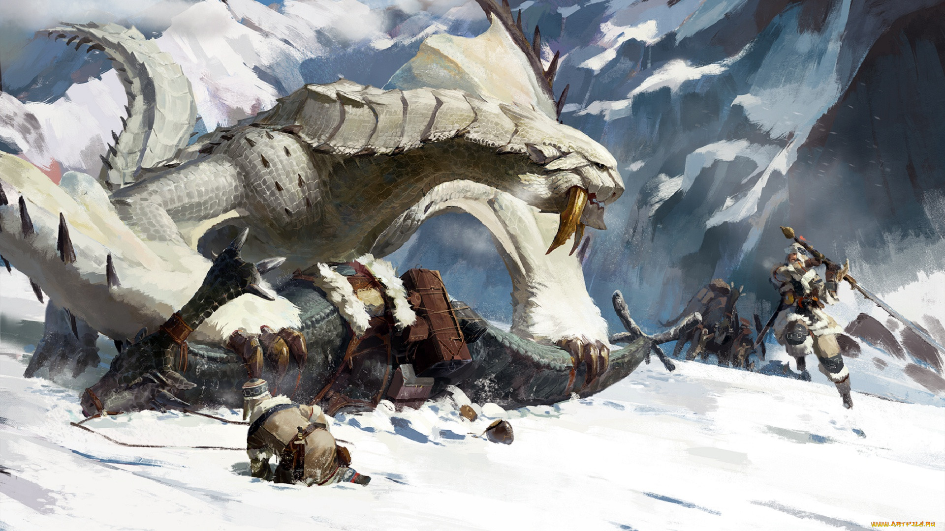, , warriors, rock, monster, fantasy, sword, art, mountain, digital, weapons, snowfall, battle, snow, artwork